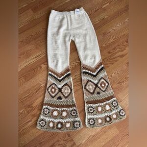 FLOOK Free People Crochet Flare Pants Boho Granny Square Festival Wide Leg L